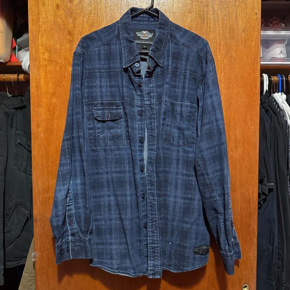 Harley-Davidson Men's Blue Plaid Long Sleeve Button-Up Shirt